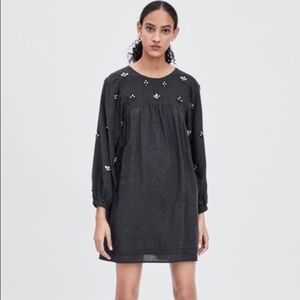 Zara bejeweled beaded tunic dress with pockets grey xs